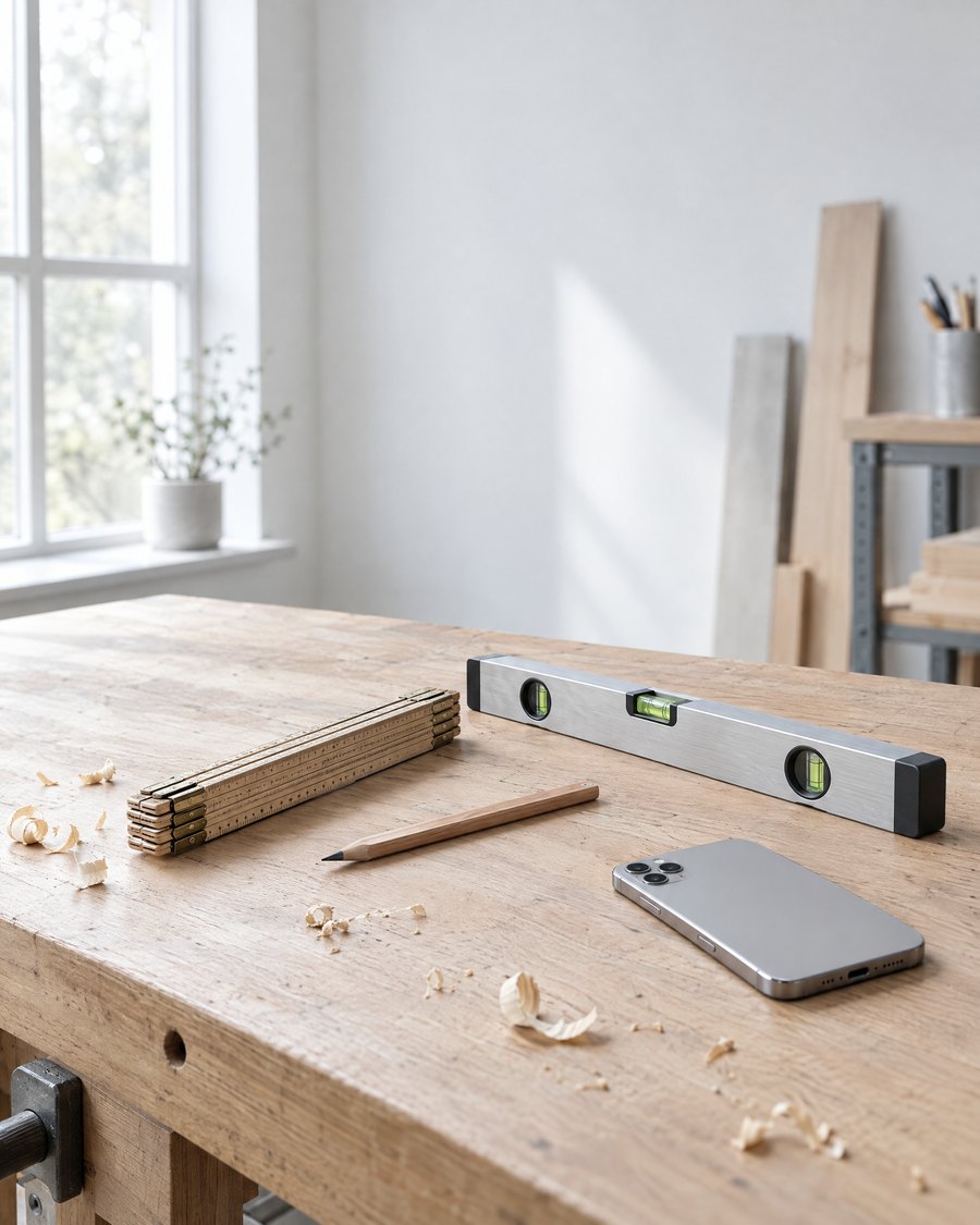 Werkbank mit Zollstock, Wasserwaage und Smartphone