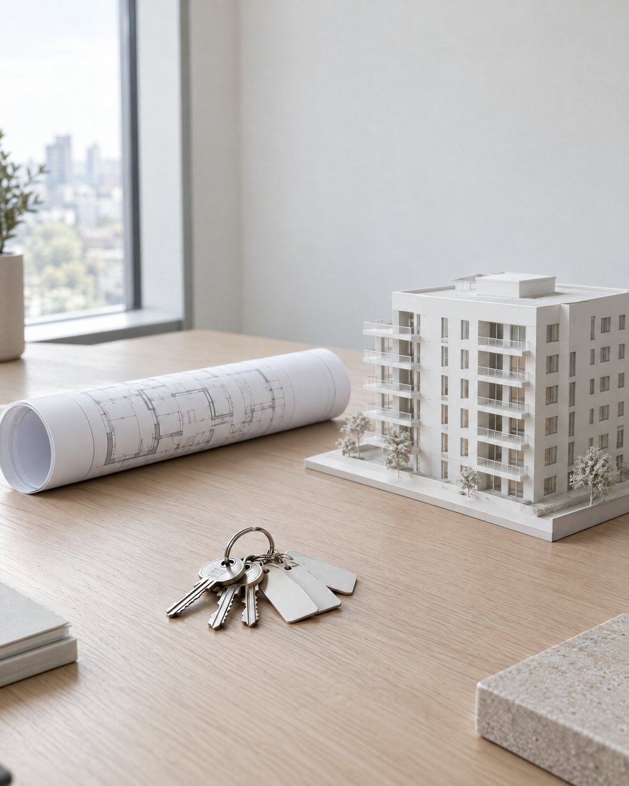 Schreibtisch mit Wohnungsschlüsseln, Bauplan und Gebäudemodell